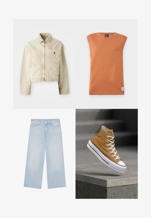 Beige lühike jakk, mis on valmistatud pehmest kangast, millel on ees tõmblukk, krae, kaks küljetaskut ja väike logo silti rinnal.; Oranz särg, millel pole varrukaid, pehmest ja tekstuurist kangast. Ümar kaelus ning väike logoetikett vasakus alumises nurgas.; Heled sinised laiad teksad kõrge vöökohaga, mis on varustatud nööbiga kinnitusega, vööloopide ja viie taskuga disainiga. Kangas omab pehmet, veidi pleekinud tekstuuri.; Kõrge säärega spordijalats sinepikollases lõuendmaterjalis, valgete paeltega, kummist ninaosaga ja tekstuurse valge tallaga, millel on mustad triibud.