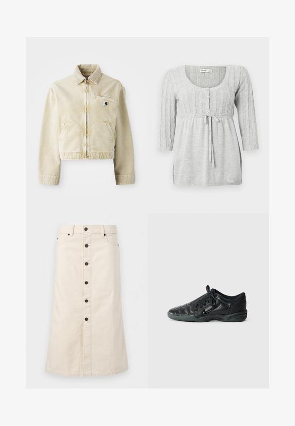 Beige cropped jakke lavet af blødt stof, med en frontlynlås, krave, to sidelommer og et lille logo-patch på brystet.; Lysegrå strikket sweater med kabelmønster, rund halsudskæring, fem knapper og bindedetalje ved taljen; har 3/4 lange ærmer.; Beige knælængde denimnederdel med sorte knapper foran, bæltestropper og sidelommer mod en ensfarvet hvid baggrund.; Sorte læder sportssko med quiltet design, rund tå, snørret foran og gummisål. Har subtil branding på siden.
