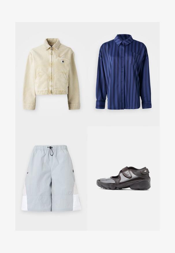 Beige lühike jakk, mis on valmistatud pehmest kangast, millel on ees tõmblukk, krae, kaks küljetaskut ja väike logo silti rinnal.; Tumesinise triibuline särk krae, rinna tasku ja pikkade varrukatega. Valmistatud siledast, läikivast kangast, millel on vabalt langev lõige.; Helehallid spordipüksid valgete küljetaskute, elastse vöörihma ja musta paelasilmusega, esitletud lihtsalt taustal.; Tumepruun spordijalats läikiva viimistlusega, takjakinnitusega, ümarate varbapooltega ja tekstuurse tallaga, millel on pehmendusdetailid.