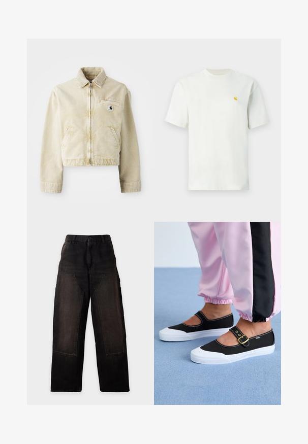 Beige lühike jakk, mis on valmistatud pehmest kangast, millel on ees tõmblukk, krae, kaks küljetaskut ja väike logo silti rinnal.; Valge lühikeste varrukatega ümara kaelusega T-särk, millel on vasakul rinnal väike kollane logo, esitatud ühevärvilise tausta ees.; Mustad laia säärtega püksid suurte esikülje taskute ja vööaasadega, esitatud heleda ühevärvilise tausta ees.; Mustad mustad jalanõud valge tallaga, millel on lõikekujundus ja kuldne pannal. Kombineeritud roosade treeningpükstega.