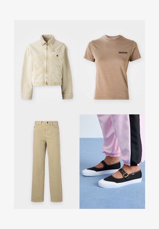 Chaqueta corta beige hecha de tela suave, con cremallera delantera, cuello, dos bolsillos laterales y un pequeño parche con logo en el pecho.; Camiseta de algodón marrón con manga corta y cuello redondo. Presenta un logotipo negro de "DICKIES" en la parte izquierda del pecho. Textura suave.; Jeans beige de pierna ancha hechos de algodón suave con un diseño clásico de cinco bolsillos, bragueta con botones y costuras visibles a lo largo de las costuras y dobladillos.; Zapatillas de lona negras con suela blanca, con un diseño recortado y una correa con hebilla dorada. Combinadas con pantalones de chándal rosas.