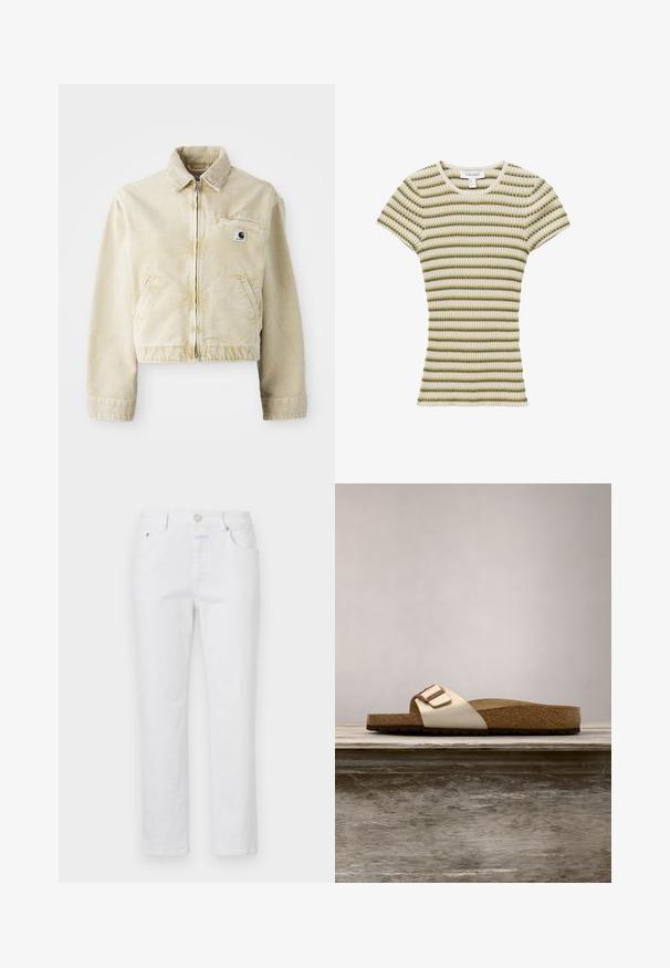 Beige cropped jack gemaakt van zachte stof, met een rits aan de voorkant, een kraag, twee zijzakken en een klein logo label op de borst.; Korte mouw, geribbelde trui met horizontale strepen in crème, olijfgroen en mosterdgeel, nauwsluitende pasvorm, ronde halslijn.; Witte denim jeans met een recht model, vijf zakken en een metalen knoopsluiting. Kenmerkt een subtiele textuur en lichte stiksels.; Slide-sandaal met een lichte metallic bovenkant, kurken voetbed en een gestructureerde bruine rubberen zool. Gespdetail met logo-accent.