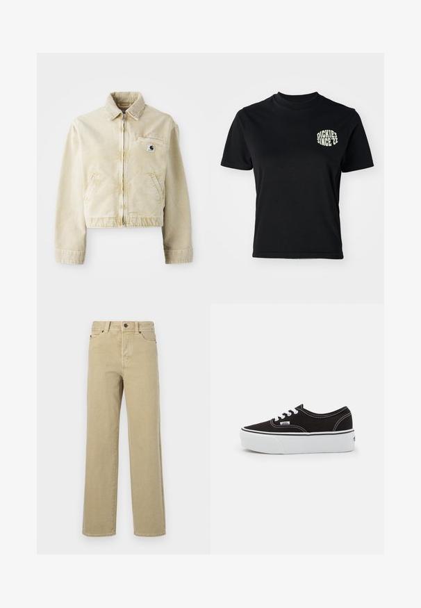 Beige cropped jack gemaakt van zachte stof, met een rits aan de voorkant, een kraag, twee zijzakken en een klein logo label op de borst.; Zwarte katoenen t-shirt met ronde hals en korte mouwen; heeft een lichtgroaf grafisch ontwerp "DICKIES SINCE '22" op de linkerkant van de borst.; Beige wijde jeans van zachte katoen met een klassieke vijfzakkenontwerp, knoopsluiting en zichtbare stiksels langs de naden en zoom.; Zwarte canvas sneaker met een witte rubberen platformzool, voorzien van witte veters en stiksels, iconische branding op de zijkant, low-top ontwerp.