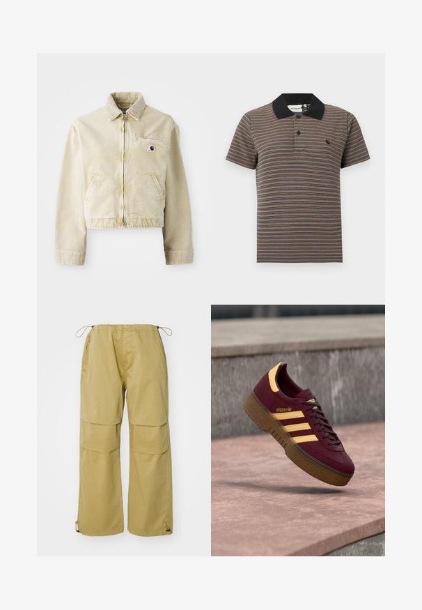 Chaqueta corta beige hecha de tela suave, con cremallera delantera, cuello, dos bolsillos laterales y un pequeño parche con logo en el pecho.; Polo de manga corta con finas rayas horizontales multicolor y cuello sólido negro con una tapeta de dos botones.; Pantalones cargo en color caqui, con piernas anchas, cintura elástica, bolsillos frontales y puños ajustables con cordón. Fabricados con tejido ligero.; Zapatilla Adidas Spezial color burdeos con rayas beige y suela marrón flotando sobre una superficie de hormigón.