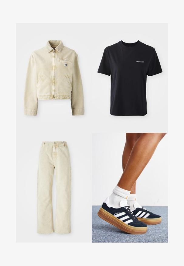 Beige cropped jack gemaakt van zachte stof, met een rits aan de voorkant, een kraag, twee zijzakken en een klein logo label op de borst.; Zwarte katoenen t-shirt met ronde hals, korte mouwen en wit "carhartt" logo op de linkerkant van de borst. Glad oppervlak, standaard pasvorm.; Beige wijdvallende denimbroek met een hoge taille, voorzien van een knoop- en ritssluiting aan de voorkant, riemlussen en zijzakken. Zachte textuur.; Ben met witte sokken en zwarte Adidas Gazelle sneakers met witte strepen en dikke bruine zolen op een grijs tapijt.