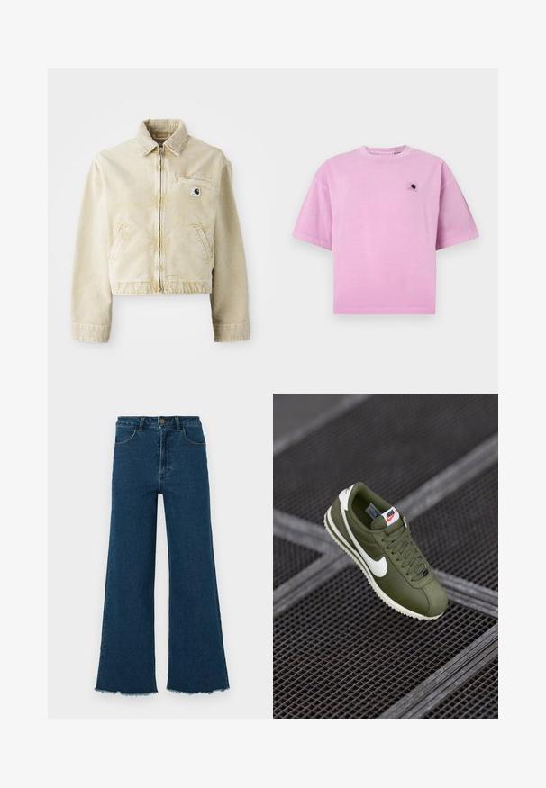 Beige cropped jack gemaakt van zachte stof, met een rits aan de voorkant, een kraag, twee zijzakken en een klein logo label op de borst.; Roze katoenen t-shirt met korte mouwen, ronde halslijn en een klein logoplaatje op het linkerborstgebied. Gladde textuur en een ontspannen pasvorm.; Donkerblauwe, hooggewassen jeans met wijde pijpen, voorzakken, knoopsluiting en onafgewerkte zoomranden tegen een witte achtergrond.; Olijfgroene Nike-schoen met een witte swoosh, een gestructureerde bovenkant, veters en een crèmekleurige rubberen zool. Weergegeven op een geruite ondergrond.