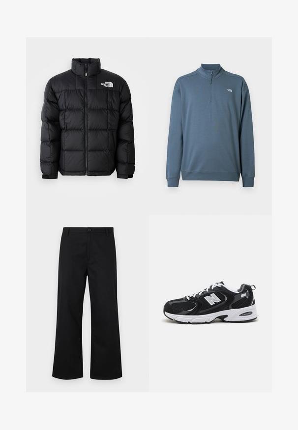 Sort dunjakke med høj krave, vandret syninger og lynlås-lukning. Har logo på den øverste venstre side og velcro-manchetter.; Blå langærmet quarter-zip trøje med stående krave og lille hvid The North Face-logo på venstre bryst.; Sorte, vide benbukser lavet af glat stof. Har en knaplukning foran og standard talje. Minimalistisk design uden synlige mønstre.; Sorte og grå sportssko med mesh og ruskind på overdelen, der har en hvid mellemsål, snørebånd og et iøjnefaldende "N" logo på siden.