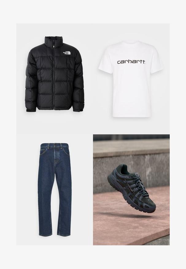 Schwarze Pufferjacke mit hohem Kragen, horizontalen Nähten und Reißverschluss. Verfügt über ein Logo auf der oberen linken Seite und Klettverschlüsse an den Ärmeln.; Weißes Baumwoll-T-Shirt mit kurzen Ärmeln und Rundhalsausschnitt. Mit großem "Carhartt"-Logo in Dunkelbraun über der Brust.; Dunkelblaue gerade geschnittene Jeans mit vorderem Knopf, Reißverschluss und Taschen, vor einem weißen Hintergrund präsentiert.; Dunkelgrauer Nike Laufschuh mit Mesh- und Synthetikdesign, schwebt über einer rosa Betonfläche vor grauem Stein-Hintergrund.