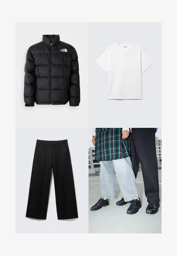 Schwarze Pufferjacke mit hohem Kragen, horizontalen Nähten und Reißverschluss. Verfügt über ein Logo auf der oberen linken Seite und Klettverschlüsse an den Ärmeln.; Weißes T-Shirt mit kurzen Ärmeln und Rundhalsausschnitt, flach liegend, schlichtes Design, mit „WEEKDAY“-Etikett innen im Kragen auf hellem Hintergrund.; Schwarze Hosen mit weitem Bein, Gürtelschlaufen, Vordertaschen und Reißverschluss, auf einem hellgrauen Hintergrund präsentiert.; Schwarze Sportschuhe mit Mesh- und Gummielementen. Kombiniert mit hellgrauen weiten Jeans und einem karierten grünen Oberteil. Flacher Hintergrund.