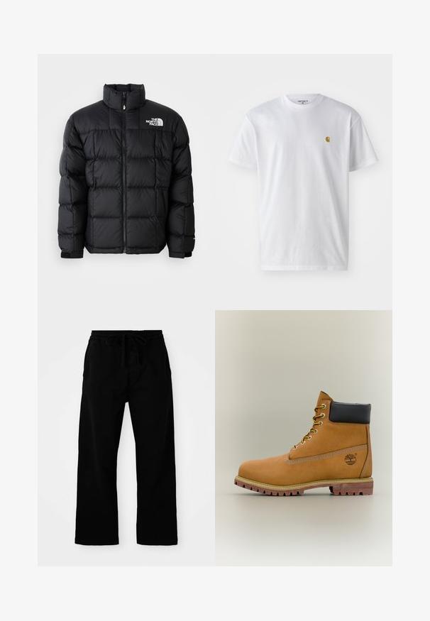 Schwarze Pufferjacke mit hohem Kragen, horizontalen Nähten und Reißverschluss. Verfügt über ein Logo auf der oberen linken Seite und Klettverschlüsse an den Ärmeln.; Weißes Baumwoll-T-Shirt mit kurzen Ärmeln, Rundhalsausschnitt, mit einem kleinen goldenen Logo im linken Brustbereich. Weicher Stoff und normale Passform.; Schwarze, elastische Hosen mit verstellbarem Kordelzug, weitem Bein und glatter Baumwollstruktur. Keine sichtbaren Muster oder Hardware-Details.; Brauner Leder-Stiefelette mit schwarzem Kragen, gelben Schnürsenkeln und hellbrauner Sohle. Verfügt über ein Logo und weiße Ziernähe. Robuste Profilsohle.