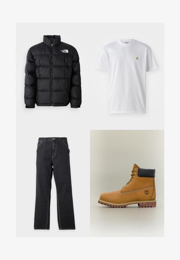 Sort dunjakke med høj krave, vandret syninger og lynlås-lukning. Har logo på den øverste venstre side og velcro-manchetter.; Hvid bomulds t-shirt med korte ærmer, rund hals og et lille guld logo på venstre brystområde. Blød tekstur og almindelig pasform.; Sorte jeans med lige ben, forlommer, bæltestropper og synlige hvide syninger på en ensfarvet lys grå baggrund.; Brun læderankelstøvle med sort krave, gule snørebånd og tanfarvet sål. Har logo og hvide syninger som detalje. Robust ydersål med greb.