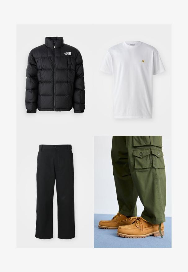 Schwarze Pufferjacke mit hohem Kragen, horizontalen Nähten und Reißverschluss. Verfügt über ein Logo auf der oberen linken Seite und Klettverschlüsse an den Ärmeln.; Weißes Baumwoll-T-Shirt mit kurzen Ärmeln, Rundhalsausschnitt, mit einem kleinen goldenen Logo im linken Brustbereich. Weicher Stoff und normale Passform.; Schwarze weit geschnittene Hose aus einem weichen Stoff. Mit einem Knopfverschluss, Gürtelschlaufen und geraden Säumen für eine entspannte Passform.; Timberland AUTHENTIC 3 EYE - Bootsschuh - wheat