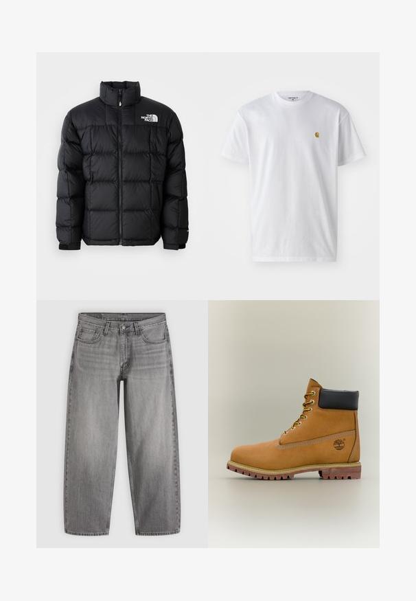 Sort dunjakke med høj krave, vandret syninger og lynlås-lukning. Har logo på den øverste venstre side og velcro-manchetter.; Hvid bomulds t-shirt med korte ærmer, rund hals og et lille guld logo på venstre brystområde. Blød tekstur og almindelig pasform.; Jeans med lige ben i grå denim med knaplukning foran, bæltestropper og femlomme-stil på en ensfarvet baggrund.; Brun læderankelstøvle med sort krave, gule snørebånd og tanfarvet sål. Har logo og hvide syninger som detalje. Robust ydersål med greb.