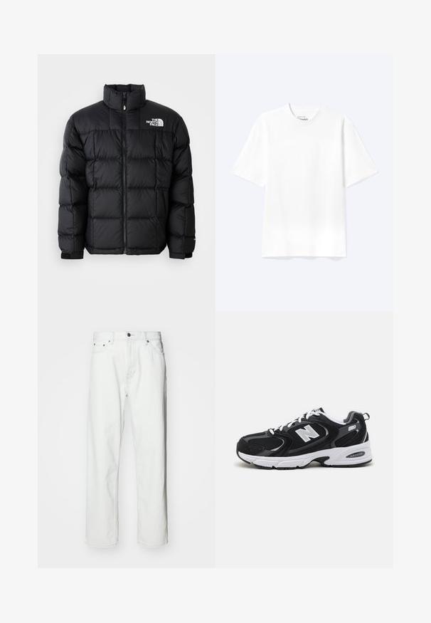 Sort dunjakke med høj krave, vandret syninger og lynlås-lukning. Har logo på den øverste venstre side og velcro-manchetter.; Enkel hvid T-shirt med korte ærmer og rund hals med afslappet pasform, vist på en lys baggrund.; Hvide denimbukser med lige pasform, fem-lomme design, knaplukning og subtile syninger. Glat tekstur og minimalistisk stil.; Sorte og grå sportssko med mesh og ruskind på overdelen, der har en hvid mellemsål, snørebånd og et iøjnefaldende "N" logo på siden.