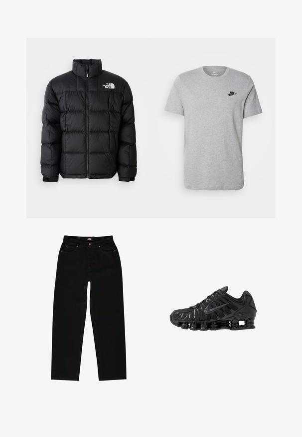 Sort dunjakke med høj krave, vandret syninger og lynlås-lukning. Har logo på den øverste venstre side og velcro-manchetter.; Grå kortærmet T-shirt i bomuld med et sort Nike-logo på brystet og rund halsudskæring. Minimalistisk design uden mønstre.; Sorte denim jeans med lige pasform, der har fem lommer, brun syning og lynlåslukning. Glat tekstur og holdbart materiale.; Sorte atletikskoser lavet af mesh og syntetiske materialer, med et karakteristisk bølget design, sort gummisål og reflekterende detaljer.