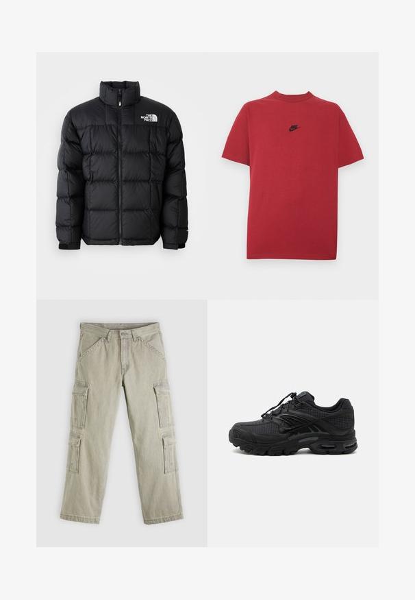 Sort dunjakke med høj krave, vandret syninger og lynlås-lukning. Har logo på den øverste venstre side og velcro-manchetter.; Rød bomuld t-shirt med et sort Nike-logo på brystet, korte ærmer, rund halsudskæring og almindelig pasform. Glat tekstur.; Lysegrå cargobukser lavet af bomuld. Har flere sidelommer, lige ben og kontrasterende syninger. Lynlås og knaplukning foran.; Sort atletisk sneaker med tekstureret stof, tyk polstret sål, luftventiler og snørelukning, vist fra siden på en lys baggrund.
