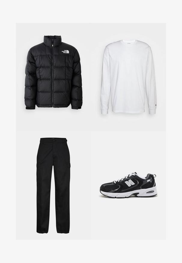 Schwarze Pufferjacke mit hohem Kragen, horizontalen Nähten und Reißverschluss. Verfügt über ein Logo auf der oberen linken Seite und Klettverschlüsse an den Ärmeln.; Weißes Langarm-T-Shirt aus Baumwolle. Rundhals-Design mit gerippten Bündchen und kleinem Logo auf dem linken Ärmel. Glatte Textur.; Schwarze Cargo-Hosen mit geradem Schnitt, ausgestattet mit Seitentaschen, einem Knopfverschluss und elastischen Bündchen an den Knöcheln. Hergestellt aus strapazierfähigem Material.; Schwarze und graue Sportschuhe mit Obermaterial aus Mesh und Wildleder, ausgestattet mit einer weißen Zwischensohle, Schnürsenkeln und einem markanten "N"-Logo an der Seite.