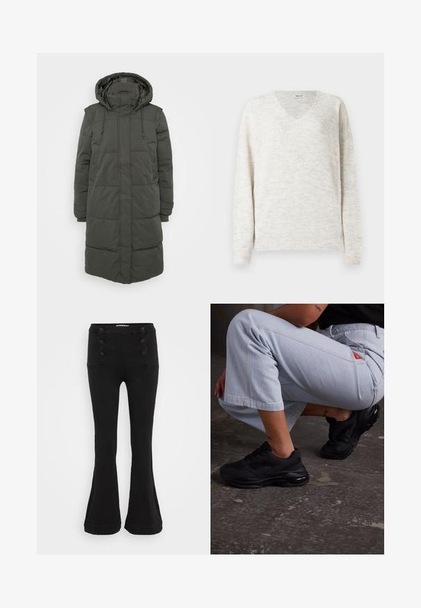 Lang, hættepufferjakke i mørkegrøn. Har quiltede sektioner, justerbare snore og sidelommer. Fremstillet af vandafvisende materiale.; V-hals strikket sweater i lyse beige med en blød, struktureret finish. Har lange ærmer og ribbede ærmekanter og kant for et tætsiddende look.; Sorte flared bukser lavet af denim, med høj talje, fem-knaps frontlukning og to frontlommer med dekorativ syning.; Sorte atletiske sneakers med en tekstureret overdel, tykk sål og luftdæmpning. Parret med lyseblå cropped bukser i en afslappet stilling.