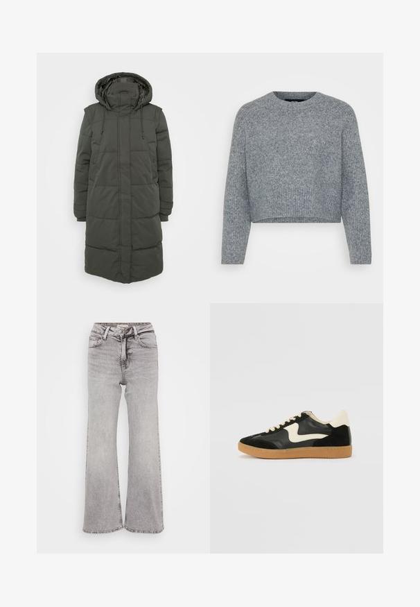 Lang, hættepufferjakke i mørkegrøn. Har quiltede sektioner, justerbare snore og sidelommer. Fremstillet af vandafvisende materiale.; Grå, cropped sweater i et struktureret strik, med en rund halsudskæring og lange ærmer. Materialet ser blødt og varmt ud.; Grå brede jeans lavet af denim, med et klassisk fem-lomme design, knaplukning og subtilt slid for tekstur.; Sorte ruskinds- og lædersneakers med en cremefarvet side-swoosh og lys cremefarvet hæl. Har beige snørebånd og en gummirubber-sål.