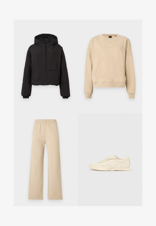 Chaqueta de plumas corta negra con capucha, que cuenta con un cierre frontal completo, puños elásticos y un logotipo discreto en el pecho.; Sudadera beige de manga larga con cuello redondo, puños y bajo acanalados, pequeño logo blanco bordado en el centro del pecho.; Pantalones beige de pierna ancha con cintura elástica y detalles mínimos de costura, mostrados sobre un fondo liso y claro.; Zapatilla de perfil bajo color crema con costuras onduladas, cierre de cordones y suela acanalada, mostrada de lado sobre un fondo liso.