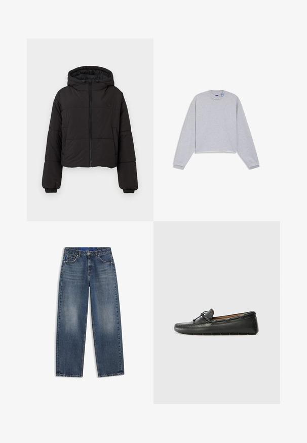 Veste matelassée noire courte avec capuche, présentant une fermeture éclair avant complète, des poignets élastiques et un logo discret sur la poitrine.; Sweat-shirt court gris clair à manches longues, avec poignets côtelés, ourlet brut et petit détail bleu brodé près du col.; Jean en denim bleu coupe droite, poches avant, passants de ceinture et légère décoloration sur les cuisses et les genoux sur fond blanc.; Bateau en cuir noir avec un bout arrondi, des détails de couture, un petit accent en nœud et une semelle en caoutchouc. Texture lisse et design épuré.