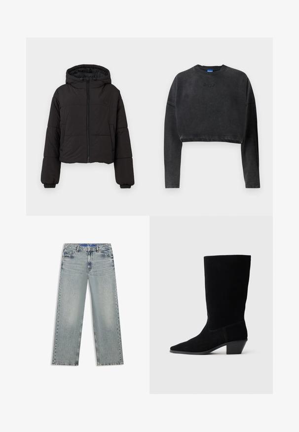 Zwarte cropped pufferjack met een capuchon, voorzien van een volledige ritssluiting aan de voorkant, elastische manchetten en een discreet logo op de borst.; Afgeknotte zwarte sweatshirt van zachte stof, met geribde halslijn en manchetten, en een subtiele reliëflogo op de voorkant.; Lichtblauwe wijde jeans van denim, met vervaagde gebieden, vijf zakken en een blauwe tailleband met merk.; Zwarte suede enkellaars met een spitse neus, een schacht van gemiddelde hoogte en een chunky hak. Heeft minimaal stikwerk en een gladde textuur.