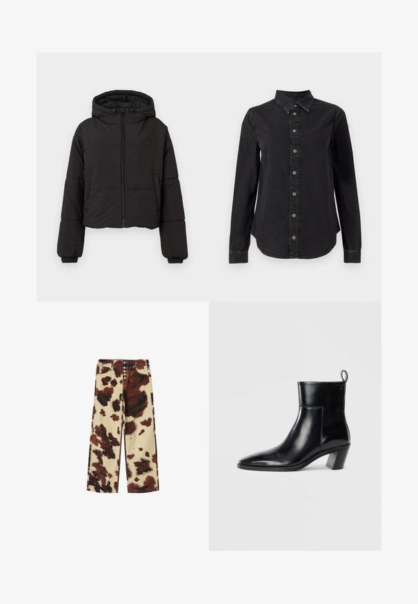 Veste matelassée noire courte avec capuche, présentant une fermeture éclair avant complète, des poignets élastiques et un logo discret sur la poitrine.; Chemise noire à manches longues en denim avec col boutonné, fermeture à boutons sur le devant et détail discret du logo sur la poitrine.; Pantalon à jambes larges avec motif en cuir de vache marron et crème, fermeture éclair à cinq boutons, poches avant et coutures visibles.; Bottine en cuir noir avec un bout pointu, un talon empilé géométrique et une languette à l'arrière. Texture lisse et design épuré.
