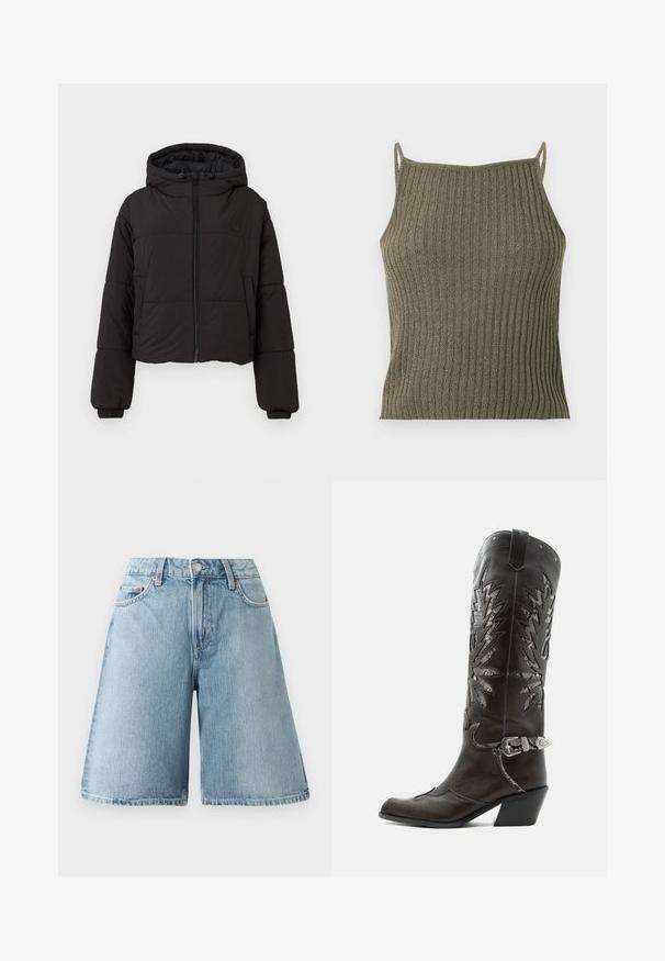 Zwarte cropped pufferjack met een capuchon, voorzien van een volledige ritssluiting aan de voorkant, elastische manchetten en een discreet logo op de borst.; Mouwloze geribde gebreide top in olijfgroen met dunne schouderbandjes en een rechte halslijn, getoond op een witte achtergrond.; Lichtblauwe denim shorts met een losse pasvorm, middelhoog taille, vijf zakken en contrasterende stikdetails. De stof heeft een zachte textuur.; Zwarte leren cowboylaars met decoratieve uitsnijdingen, zilveren gesp en schuine hak, weergegeven op een witte achtergrond.