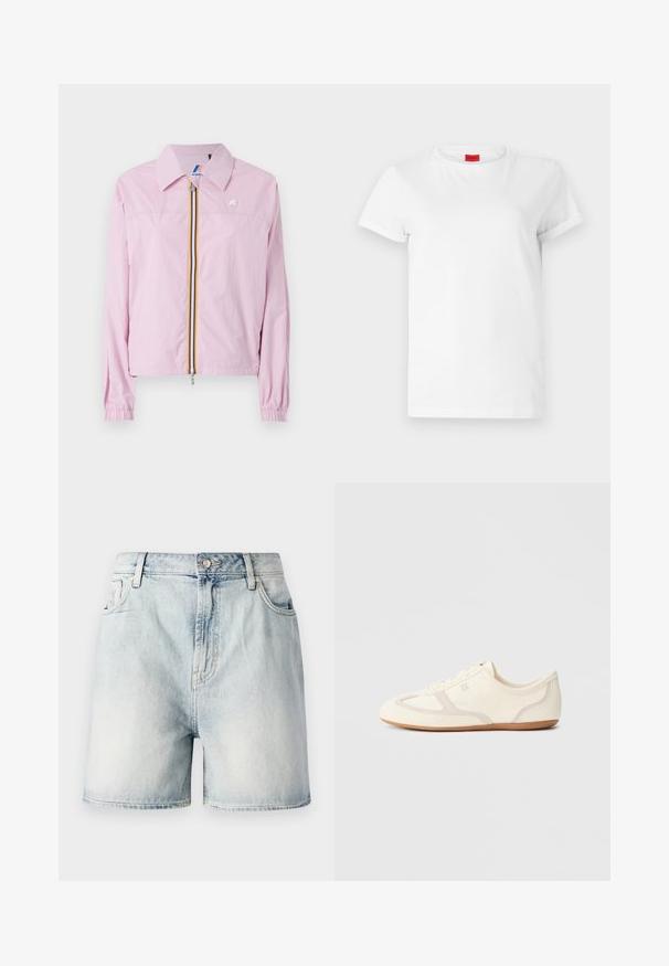 Veste légère rose avec col, fermeture éclair sur le devant, ornée de rayures jaunes et bleues, poignets élastiques et un petit logo sur la poitrine.; T-shirt blanc à manches courtes en coton léger. Présente un col rond et des manches retroussées. Étiquette logo rouge sur le col.; Shorts en denim bleu clair avec fermeture par bouton, cinq poches et une texture délavée. Coupe droite au design classique.; Baskets couleur crème avec une tige en daim et tissu, un bout arrondi, et une semelle en caoutchouc avec un détail accent beige. Fermeture à lacets.