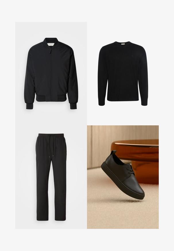 Chaqueta bomber negra hecha de tejido suave, con cremallera frontal, puños acanalados y un cuello clásico. Diseño minimalista sin patrones.; Jersey negro de manga larga con cuello redondo, tela con textura sutil y pequeño logo bordado en el pecho izquierdo.; Pantalones de chándal negros hechos de tela ligera, con una cintura elástica y cordones ajustables, además de bolsillos laterales. Textura suave.; Zapatilla casual negra de cuero con cordones, flotando sobre una alfombra beige, con una mesa de cristal ámbar redondeada en el fondo.