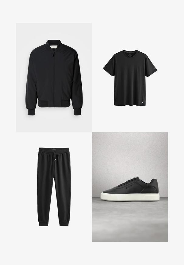 Chaqueta bomber negra hecha de tejido suave, con cremallera frontal, puños acanalados y un cuello clásico. Diseño minimalista sin patrones.; Camiseta deportiva negra de manga corta con cuello redondo, con logos sutiles en las mangas y el dobladillo inferior, talla mediana.; Pantalones de chándal negros hechos de un tejido suave, con una cintura elástica con cordón, piernas ajustadas y puños acanalados en los tobillos.; Zapatillas de cuero negro con suela de goma blanca, puntera redondeada y cordones planos. Detalles texturizados en los lados, diseño minimalista.
