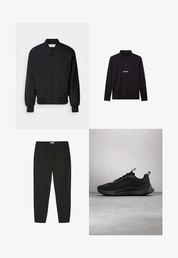 Chaqueta bomber negra hecha de tejido suave, con cremallera frontal, puños acanalados y un cuello clásico. Diseño minimalista sin patrones.; Jersey de manga larga negro de Calvin Klein con cremallera de cuarto y logo blanco impreso en el pecho.; Pantalones negros con cintura elástica, piernas rectas y bolsillos laterales, diseñados para uso casual o profesional.; Zapatilla negra Calvin Klein con cordones, flotando sobre un suelo gris pulido cerca de una pared de bloques de vidrio y una columna blanca.