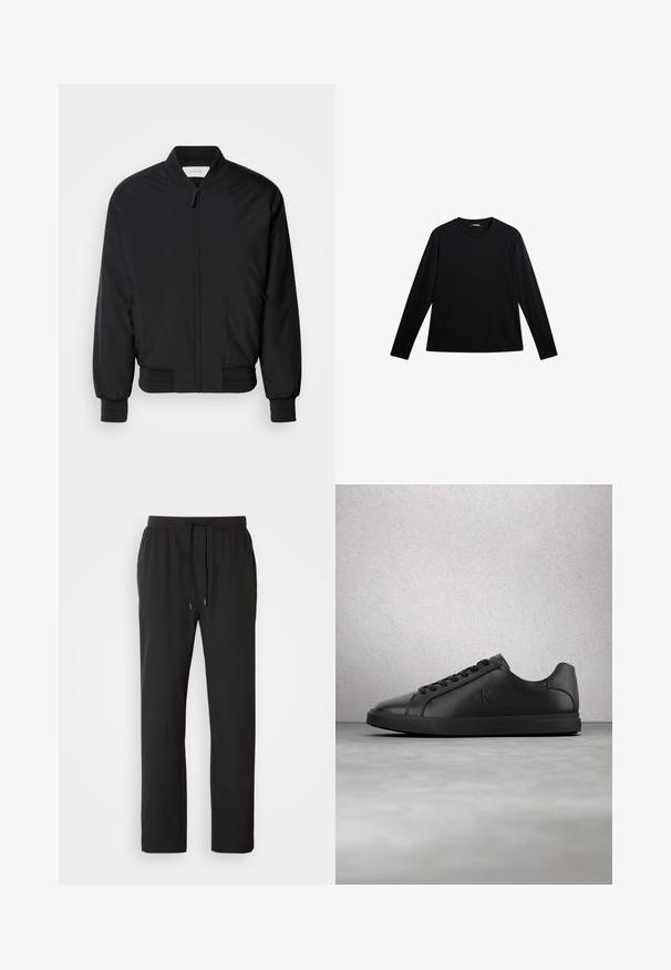 Chaqueta bomber negra hecha de tejido suave, con cremallera frontal, puños acanalados y un cuello clásico. Diseño minimalista sin patrones.; Camiseta negra de manga larga hecha de tela suave, con cuello redondo y un logotipo sutil en el frente, con un corte holgado.; Pantalones de chándal negros hechos de tela ligera, con una cintura elástica y cordones ajustables, además de bolsillos laterales. Textura suave.; Zapatilla deportiva de cuero negro con cordones y el logotipo "ck" en relieve, flotando sobre un suelo gris cerca de una pared de bloques de vidrio.