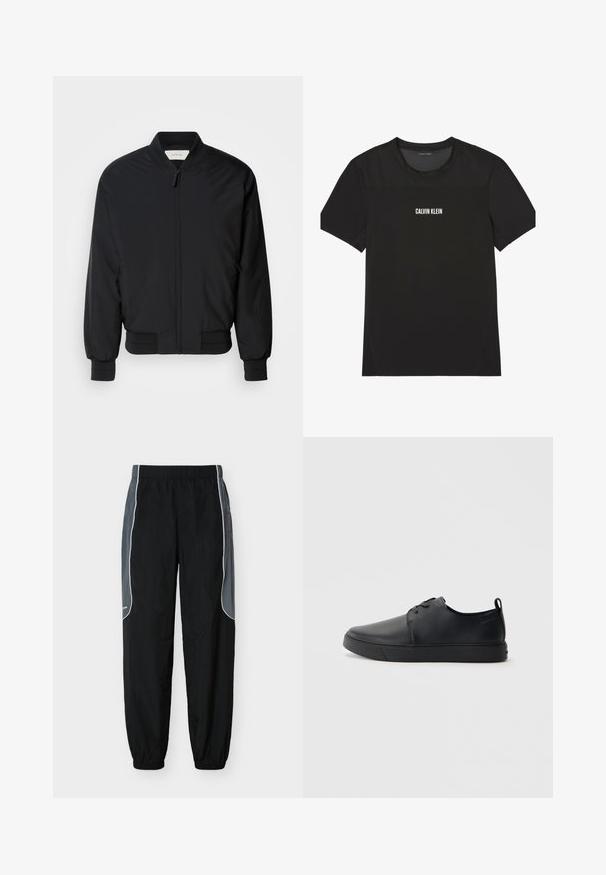 Chaqueta bomber negra hecha de tejido suave, con cremallera frontal, puños acanalados y un cuello clásico. Diseño minimalista sin patrones.; Camiseta deportiva negra de manga corta con malla en la parte superior del pecho y los hombros, con el logo "Calvin Klein" centrado en el frente.; Pantalones de chándal negros con paneles laterales gris oscuro y ribete blanco, cintura y puños elásticos, exhibidos sobre un fondo blanco.; Zapatilla negra de cuero con acabado suave, punta redondeada, costuras a tono, cordones en la parte delantera y suela de goma plana. Asa en el talón.