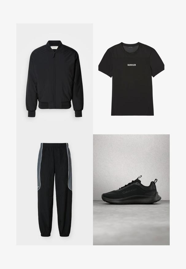Chaqueta bomber negra hecha de tejido suave, con cremallera frontal, puños acanalados y un cuello clásico. Diseño minimalista sin patrones.; Camiseta negra de manga corta Calvin Klein con tejido de malla en los hombros y la parte superior del pecho, con el nombre de la marca impreso en blanco en el centro del pecho.; Pantalones de chándal negros con paneles laterales gris oscuro y ribete blanco, cintura y puños elásticos, exhibidos sobre un fondo blanco.; Zapatilla negra Calvin Klein con cordones, flotando sobre un suelo gris pulido cerca de una pared de bloques de vidrio y una columna blanca.