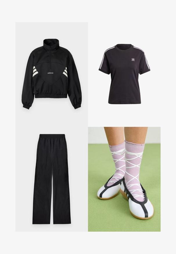 Zwarte Adidas pulloverjas met halve rits, witte zijstrepen, elastische manchetten en elastische zoom op effen achtergrond.; Zwart katoenen t-shirt met korte mouwen en ronde hals, met witte strepen op de schouders en een klein wit Adidas-logo op de borst.; Zwarte wijde broek met elastische tailleband, gemaakt van lichtgewicht stof, plat gelegd op een lichte achtergrond.; Benen met geribbelde lavendelkleurige sokken met witte kruisbanden, gecombineerd met witte ballerina's met zwarte bies op een groene vloer.