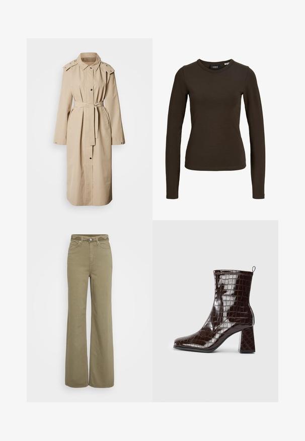Trench-coat beige avec taille ceinturée, manches longues, épaulettes et fermeture boutonnée à l'avant. Tissu lisse avec deux poches latérales.; T-shirt à manches longues moulant de couleur marron foncé avec col rond, design simple et texture de tissu lisse, présenté sur un fond blanc uni.; Pantalons taille haute à jambe large en kaki avec poches avant et arrière, passants de ceinture et fermeture par bouton et zip.; Bottine en cuir verni marron foncé, avec texture crocodile, talon carré et tirant à l'arrière sur fond blanc.