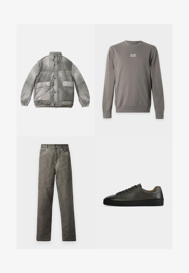 Veste matelassée en dégradé de gris, avec des poignets élastiques, deux poches avant et un motif de logo brodé sur l'ensemble.; Sweat-shirt gris à manches longues avec col rond et logo EA7 Emporio Armani blanc sur la poitrine, poignets et ourlet côtelés.; Pantalon gris à jambes droites en tissu de coton doux avec une texture lisse. Comprend des poches avant et une fermeture à bouton.; Basket basse en cuir gris foncé avec lacets et semelle noirs, design minimaliste, profil latéral sur un fond clair uni.
