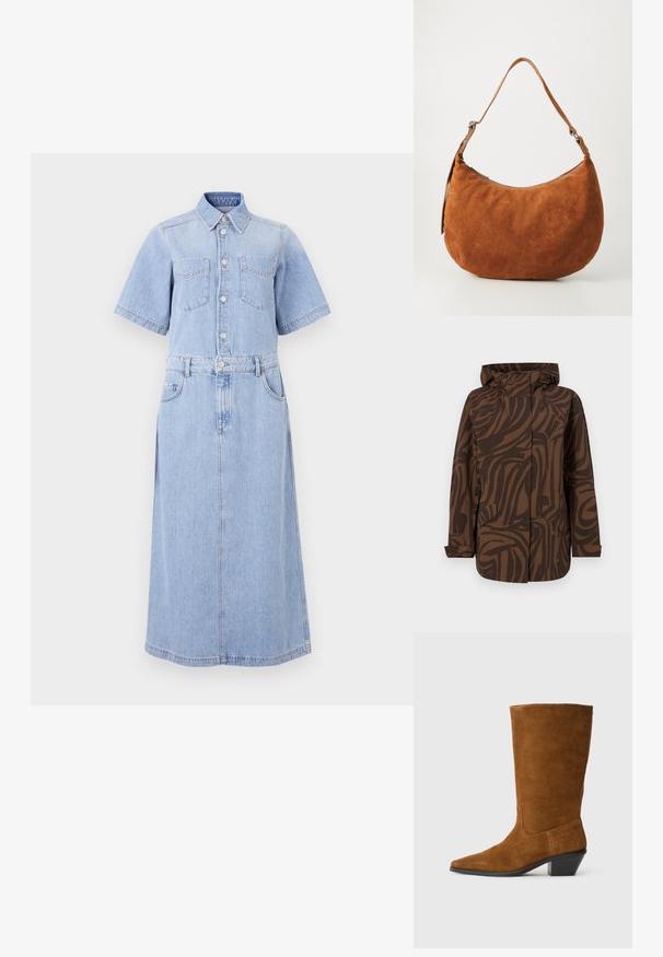 Brun mønstret jakke med hætte, der har abstrakte mørkebrune striber, to frontlommer og et afslappet fit design.; Lyseblå denimskjortekjole med korte ærmer, to brystlommer, knapdækning, indsnævret talje med bælte og en lang A-linjeet nederdel.; Brune ruskindsanke støvle med spidse tæer og en afsmalnet blok hæl, der har en glat tekstur og et design i midt-lægen højde.; Brun ruskind håndtaske med en buet form og en enkelt, justerbar rem. Har en top-zipped lukning og en glat overflade.
