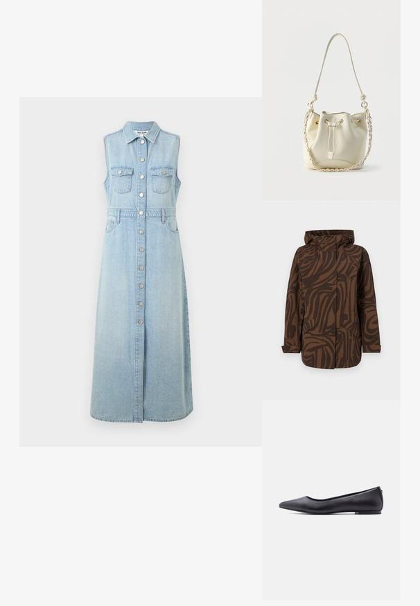 Braune gemusterte Jacke mit Kapuze, die abstrakte dunkelbraune Streifen aufweist, zwei Fronttaschen hat und in einem lockeren Schnitt gestaltet ist.; Jeanskleid ohne Ärmel, hellblau, mit Knopfleiste, zwei Brusttaschen, taillierter Taille und einem langen, geraden Rock.; Schwarzer flacher Lederschuh mit spitzer Kappe und niedrigem Absatz, seitlich vor weißem Hintergrund gezeigt.; Ecru-farbene Bucket Bag aus Leder mit Zugbandverschluss, geflochtener Kette und Leder-Schulterriemen sowie goldfarbenen Ösen.