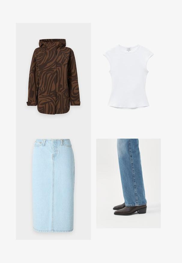 Brun mønstret jakke med hætte, der har abstrakte mørkebrune striber, to frontlommer og et afslappet fit design.; Hvid kortærmet ribbet bomulds top med rund halsudskæring og let udvidet talje, lagt fladt på en hvid baggrund.; Lys blå denim blyantskørt med høj talje, fem lomme-design og subtile syninger langs sømmene.; Brune læderankelstøvler med spids tå og blokhæl, parret med lysblå lige ben jeans, der fremviser et rent og enkelt design.