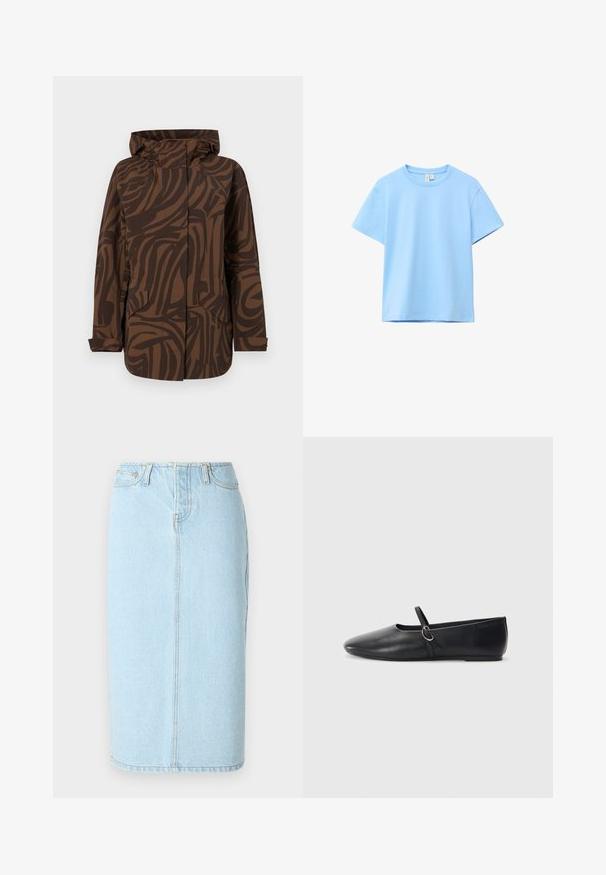 Braune gemusterte Jacke mit Kapuze, die abstrakte dunkelbraune Streifen aufweist, zwei Fronttaschen hat und in einem lockeren Schnitt gestaltet ist.; Hellblaues kurzärmliges Baumwoll-T-Shirt mit rundem Ausschnitt, schlichtem Design und sichtbarem Halslabel auf weißem Hintergrund.; Helle blaue Denim-Bleistiftrock mit hoher Taille, Fünf-Taschen-Design und subtilen Stickdetails entlang der Nähte.; Schwarze Leder-Ballettschuhe mit spitzem Schuhzeug, flacher Sohle und einem kleinen Riemen mit silberner Schnalle.