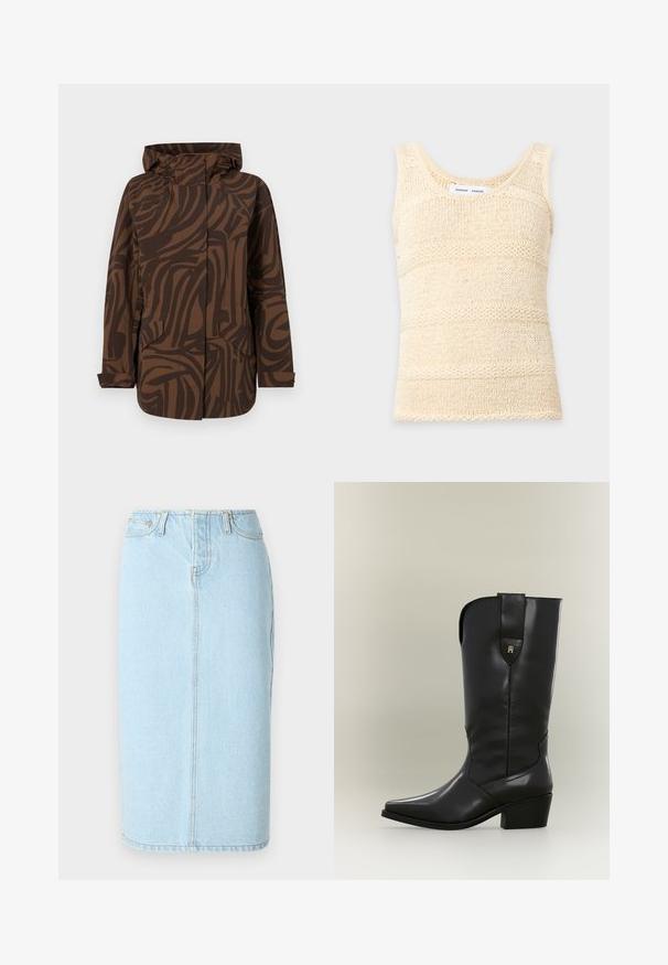 Brun mønstret jakke med hætte, der har abstrakte mørkebrune striber, to frontlommer og et afslappet fit design.; Kremfarvet ærmeløs strikket tanktop med tekstureret horisontalt stribet mønster og rund halsudskæring.; Lys blå denim blyantskørt med høj talje, fem lomme-design og subtile syninger langs sømmene.; Høj sort læder cowboystøvle med spids tå, kraftig hæl og trækstrop med lille gyldent logo.