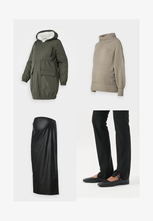 Olijfgroene parka met gevoerde capuchon, volledige rits, elastische manchetten en meerdere zakken. Gemaakt van gladde, waterafstotende stof.; Lichtgrijze gebreide trui met een hoge geribbelde halslijn en geribbelde manchetten. Losse pasvorm met een zachte textuur, met verlaagde schoudernaden.; Zwarte, glanzende, knie-lange rok van schijnbaar synthetische stof met een elastische tailleband en een zijnaad voor een soepele Silhouet.; Benen met zwarte smalle broek met voorsplitten aan de zoom, gecombineerd met zwarte platte Mary Jane-schoenen met een klein gespje.