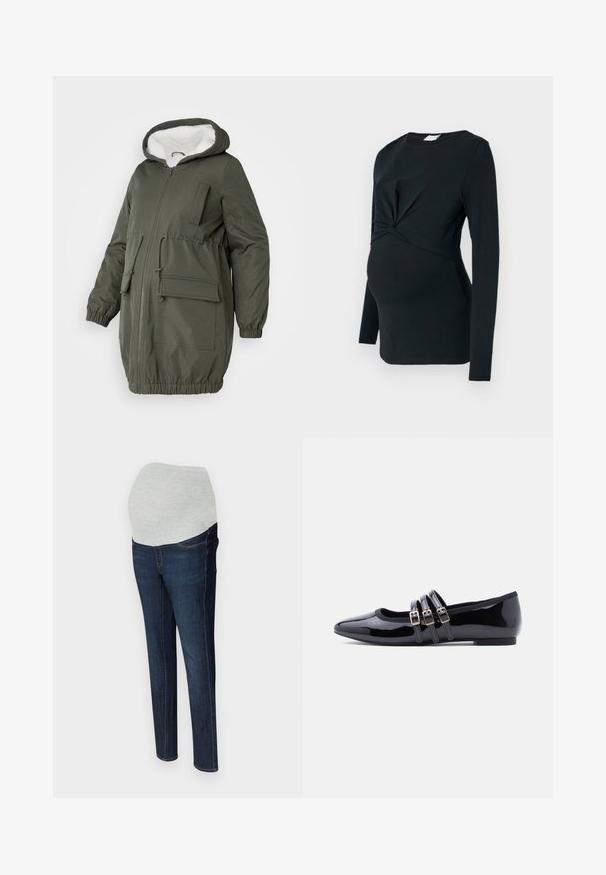 Olijfgroene parka met gevoerde capuchon, volledige rits, elastische manchetten en meerdere zakken. Gemaakt van gladde, waterafstotende stof.; Zwarte langarm zwangerschapsblouse met een gedraaid voorpand, gemaakt van zachte stof, met een aansluitende pasvorm en ronde halslijn.; Zwangere jeans met een donkerblauwe denimlook, voorzien van een grijze elastische tailleband en vijf-pocket styling. Recht model.; Zwarte flats van lakleer met een puntige neus, voorzien van drie decoratieve riemen met metalen gespen. Glad oppervlak en lage hak.