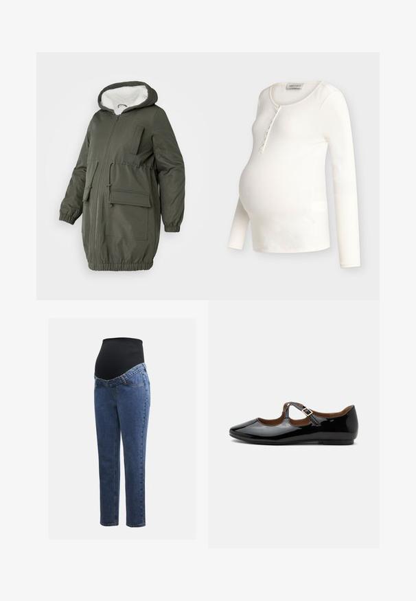 Olivgrüner Parka mit gefütterter Kapuze, durchgehendem Reißverschluss, elastischen Bündchen und mehreren Taschen. Hergestellt aus glattem, wasserabweisendem Material.; Cremefarbenes, geripptes Umstandstop mit langen Ärmeln, Rundhalsausschnitt und knöpfbarer Blende, so gestaltet, dass es über einen Babybauch passt.; Schwangerschaftsjeans mit blauen Denimbeinen und einem schwarzen elastischen Bauchpanel, das dazu entworfen wurde, den wachsenden Bauch zu stützen und zu bedecken.; Schwarzer Mary Jane flacher Schuh aus Lackleder mit zwei Ausstanzungen und einem goldfarbenen Schnallenriemen auf weißem Hintergrund.