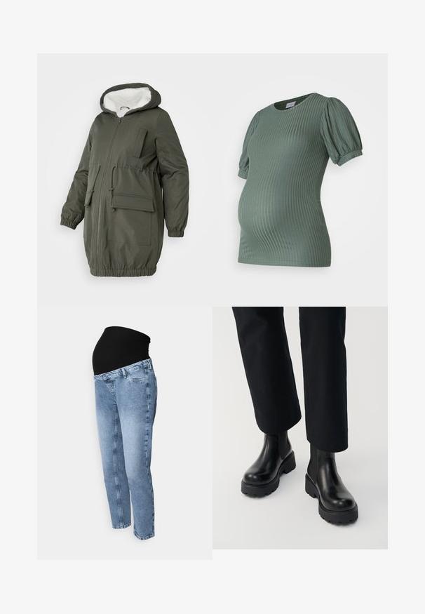 Olijfgroene parka met gevoerde capuchon, volledige rits, elastische manchetten en meerdere zakken. Gemaakt van gladde, waterafstotende stof.; MAMALICIOUS Maternity- - T-shirt basic - laurel wreath; Zwangerschapsjeans met een zwarte rekbare tailleband en lichtblauwe denim. Rechte pijpontwerp met klassieke vijf-pocket stijl en vervaagde was.; Persoon die zwarte leren enkellaarzen met dikke zool draagt, gecombineerd met zwarte broek met rechte pijpen op een witte achtergrond.