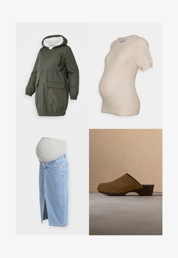 Olivovozelená parka s podšívkovou kapucňou, plným zipsom, elastickými manžetami a viacerými vreckami. Vyrobená z hladkej, vodeodolnej tkaniny.; Béžový tehotenský top s ryhovanou textúrou, krátkymi puff rukávmi a okrúhlym výstrihom, navrhnutý tak, aby sa prispôsobil rastúcemu bruchu.; Tehotenská džínsová sukňa so sivým elastickým pásom v páse a predným rozparkom, navrhnutá pre pohodlie počas tehotenstva.; Hnedý semišový šľapák s dreveným podpätkom a mosadznými nitmi, vznášajúci sa nad béžovým kobercom v miestnosti v neutrálnych tónoch.