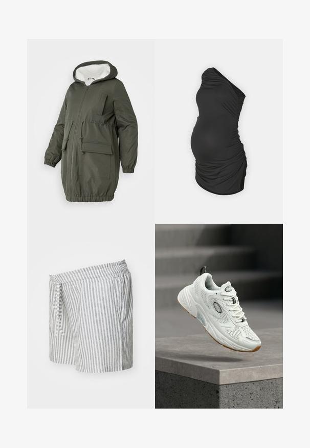 Olive roheline parka voodriga kapuutsiga, täispika tõmblukuga, elastsete mansettide ja mitmete taskutega. Valmistatud siledast, veekindlast kangast.; Must mustris üks õlavarre raseeritud kleit, mis on valmistatud venivast kangast, küljes kokkuminek ja istuv siluett, et mahutada kasvavat kõhtu.; Hallitusseente hallika ja valgega triibulised lühikesed püksid, valmistatud pehmest kangast. Omavad elastset vööd, millel on narmas, ja küljetaskud.; Valge FILA toss, millel on võrgust ja nahast detailid, helepruun tall, must tõmbenöör, hõljumas halli betoonääre kohal ning taustal trepid.