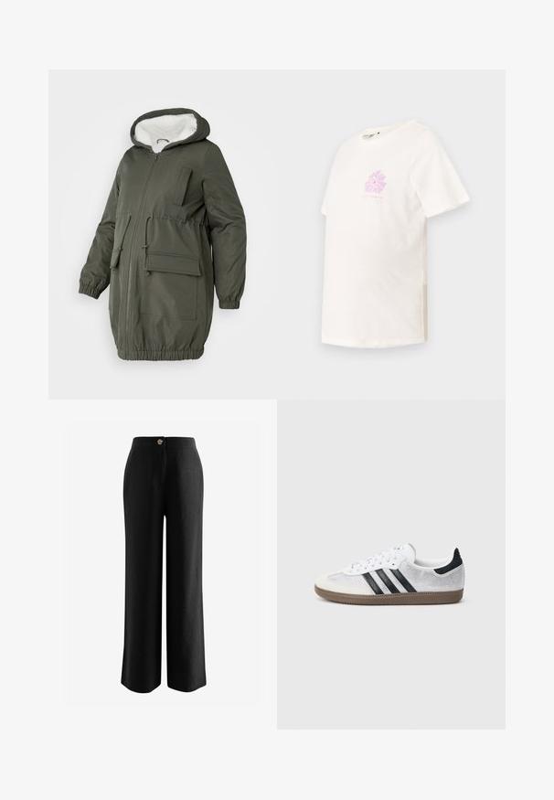 Olijfgroene parka met gevoerde capuchon, volledige rits, elastische manchetten en meerdere zakken. Gemaakt van gladde, waterafstotende stof.; Korte mouwen, crew-neck T-shirt in off-white katoen, met een pastelroze bloemenprint op de borst en een ontspannen pasvorm.; Zwarte wijde broek gemaakt van lichte stof. Bevat een knoop aan de voorkant, een gladde textuur en een op maat gemaakte tailleband voor een comfortabele pasvorm.; Witte mesh sneaker met zwarte strepen, beige suède neuskapje en hielaccent, gestructureerde rubberen zool en witte veters. Klassiek ontwerp met lage schacht.